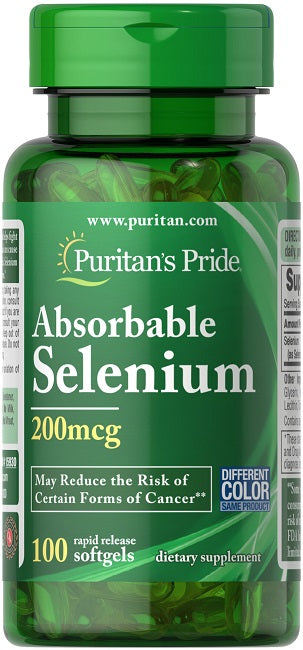 Un flacone di Puritan's Pride Selenium Absorbable 200 mcg 100 Rapid Release Softgels.