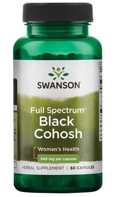 A bottle of Swanson Black Cohosh 540 mg 60 Capsules herbal supplement containing 60 capsules for menopause relief and women's health.