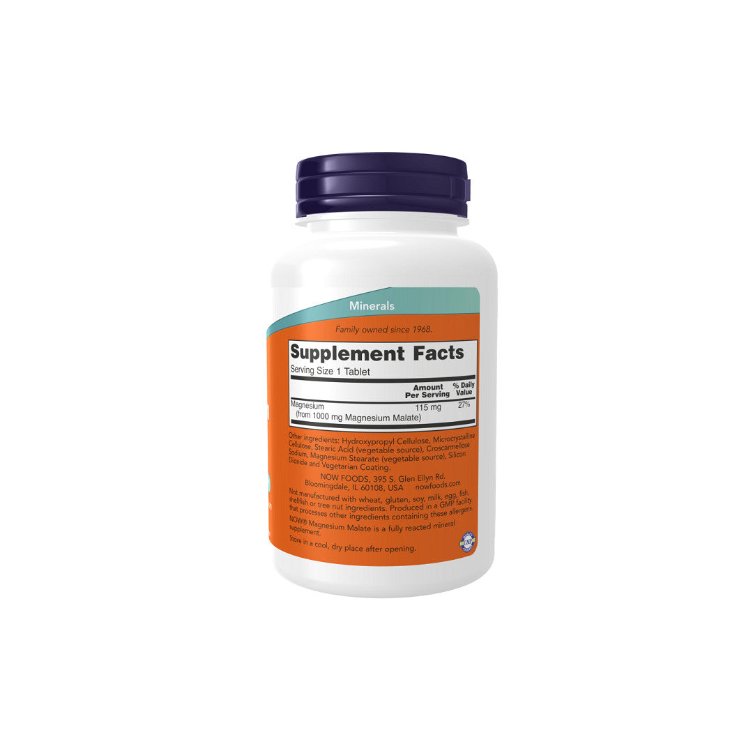 Una bottiglia di integratore Now Foods Magnesium Malate 1000 mg 180 compresse su sfondo bianco.