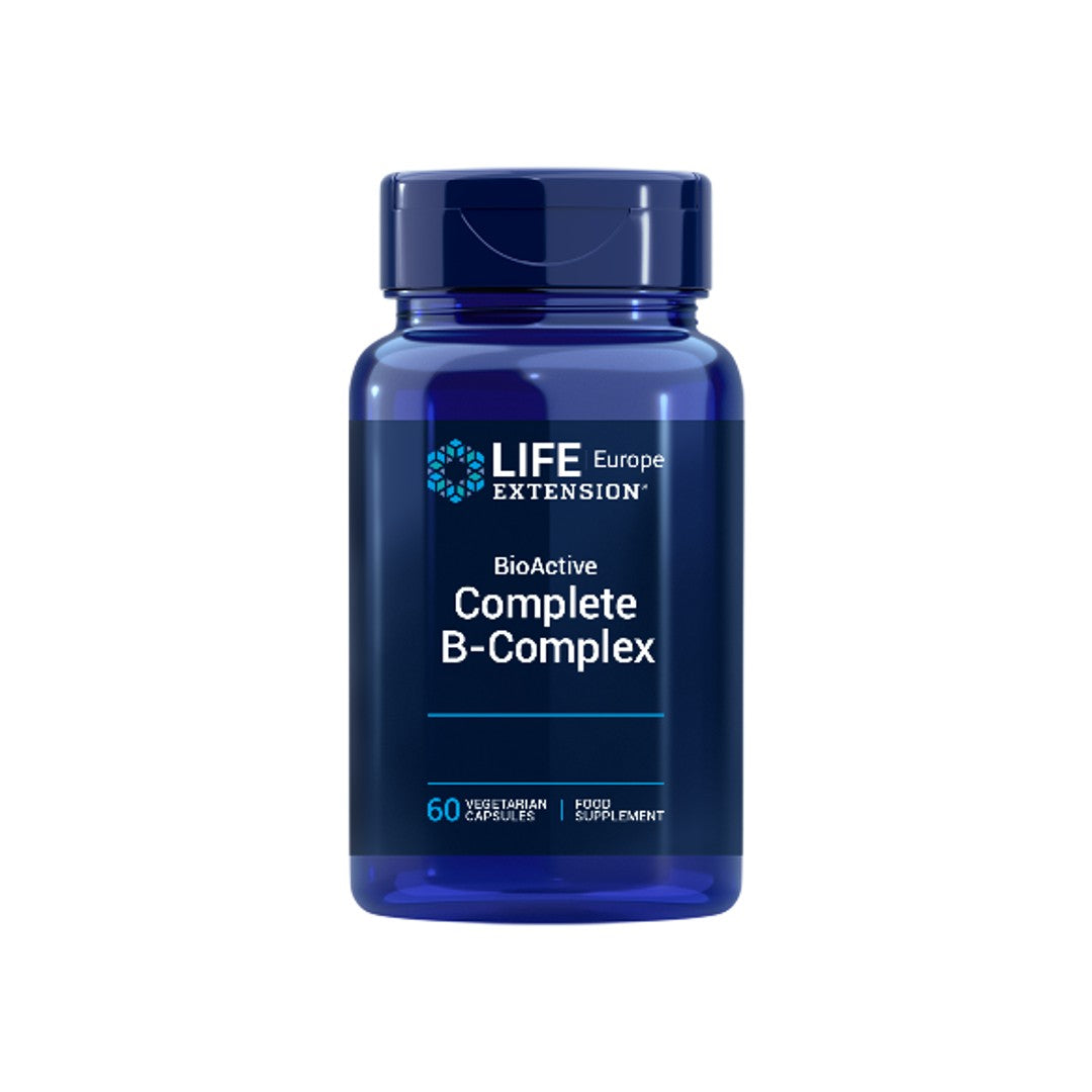 The BioActive Complete B-Complex from Life Extension, available in a 60 vegetarian capsule bottle with a blue label, supports metabolism through its bioactive blend of essential B vitamins.