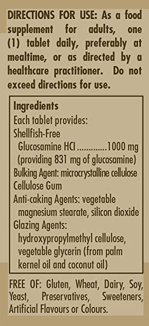 Un'etichetta di Solgar's Glucosamine hydrochloride 1000 mg 60 tablets che contiene un elenco di ingredienti.