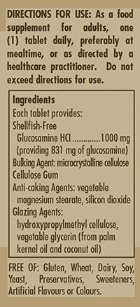 Miniatura di un'etichetta di Solgar's Glucosamine hydrochloride 1000 mg 60 tablets che contiene un elenco di ingredienti.