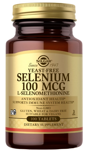 Un flacone di Solgar Selenio 100 mcg 100 compresse di L-Selenometionina, che agisce come antiossidante per le funzioni del sistema immunitario e aiuta a combattere lo stress.
