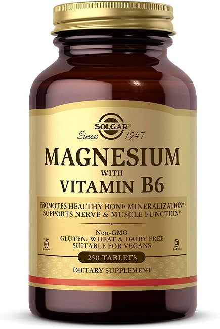 Un flacone di Solgar Magnesio con Vitamina B6 250 Compresse.