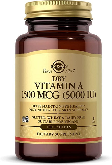 SolgarVitamina A 1500 mcg (5000 UI) 100 Compresse è un integratore fondamentale che supporta la salute del sistema immunitario e favorisce una visione ottimale e la salute della pelle. Con un dosaggio di 5000 mcg e 6000 UI, questo integratore di vitamina A di Solgar migliora efficacemente.