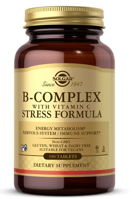 Solgar B-Complex con Vitamina C 100 Compresse, formula antistress e integratore alimentare.