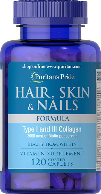 Un flacone di Puritan's Pride Hair, Skin & Nails Formula 120 Caplets.