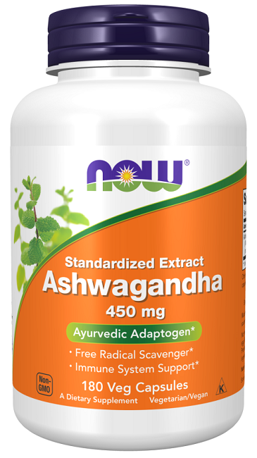 Un flacone di Now Foods Estratto di Ashwagandha 450 mg 180 Capsule Vegetali.
