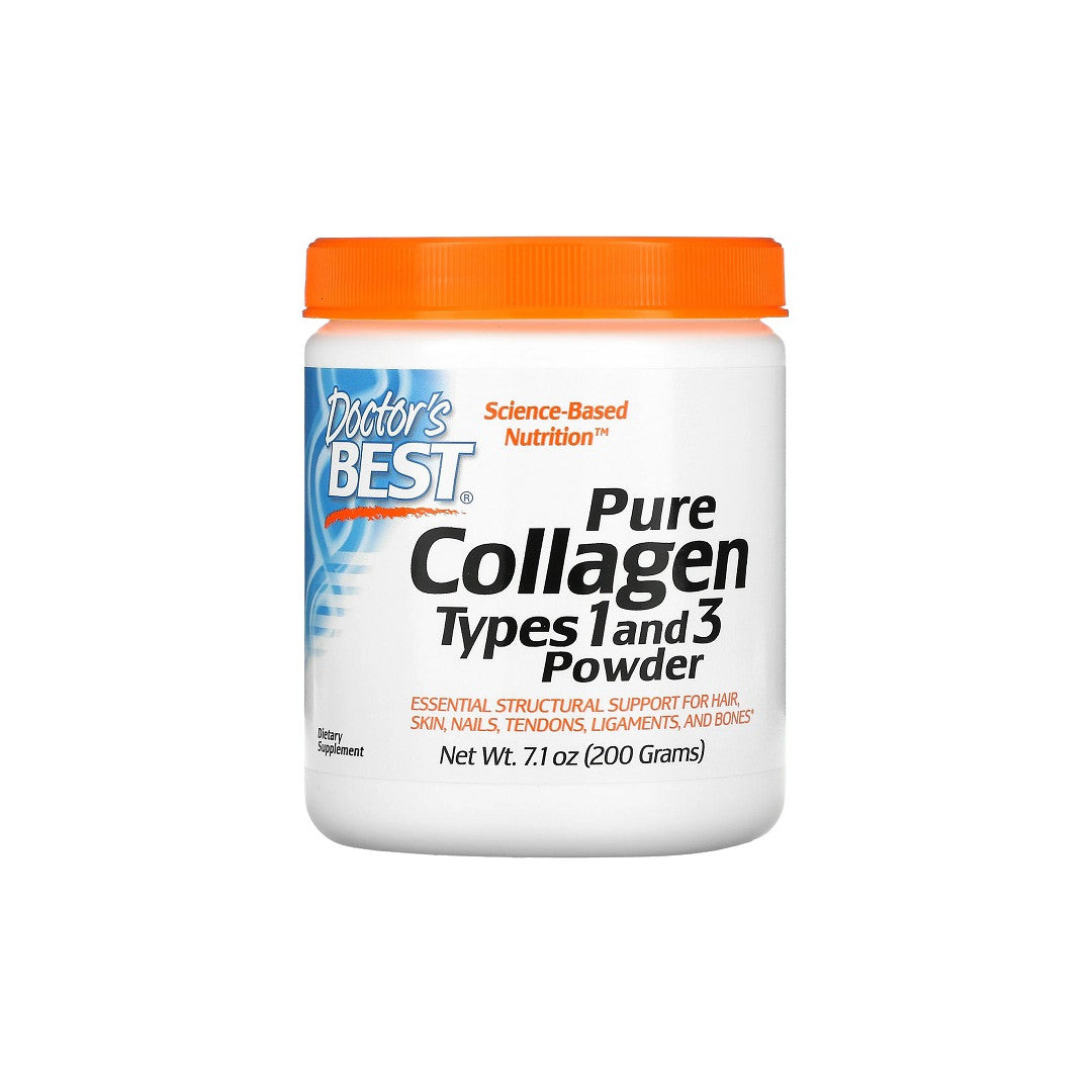 Un importante flacone di Doctor's Best Pure Collagen Types 1 and 3 Powder 200 g per le articolazioni.