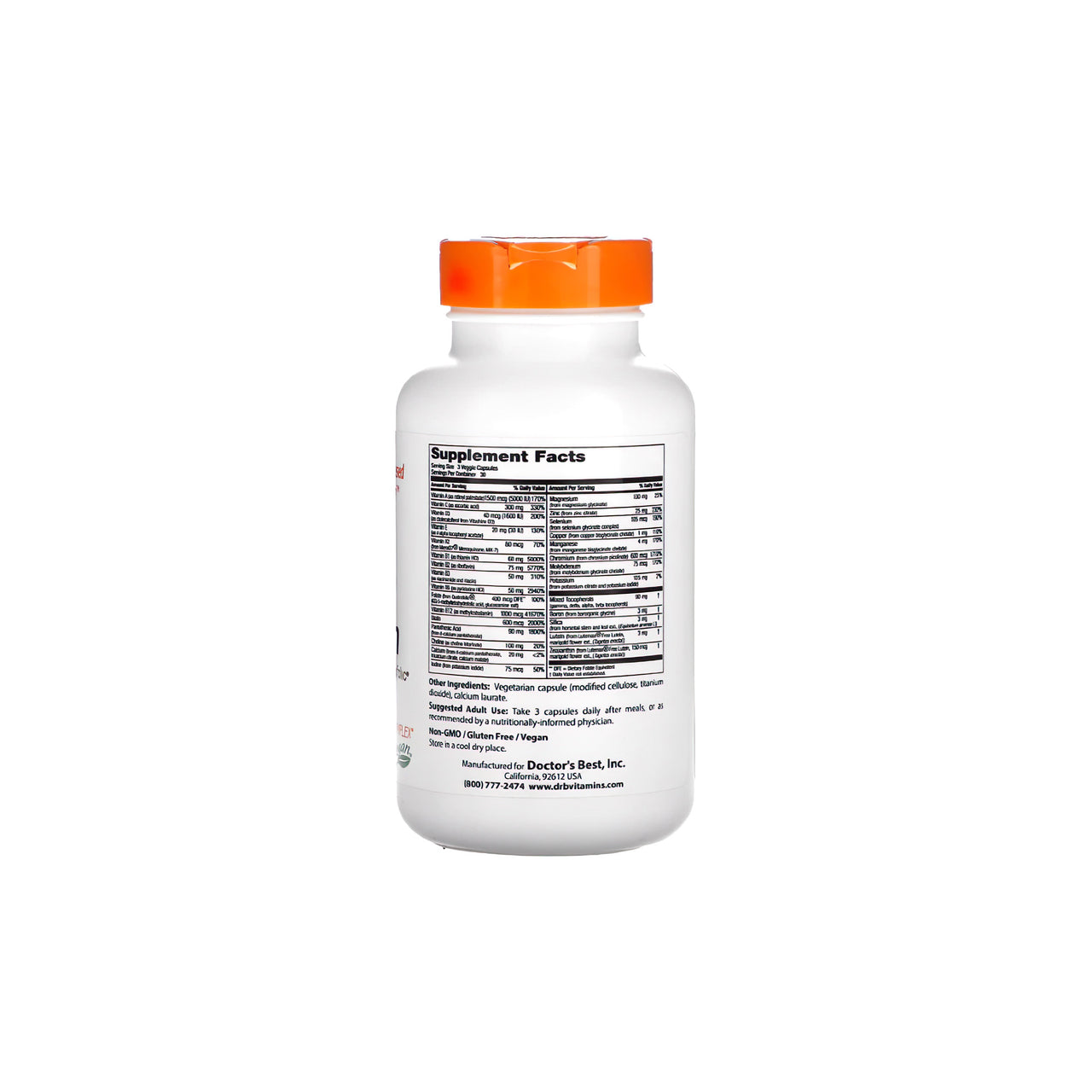 Una bottiglia di Doctor's Best Multivitaminico 90 capsule vegetali con minerali su sfondo bianco, che promuove un sistema immunitario sano.