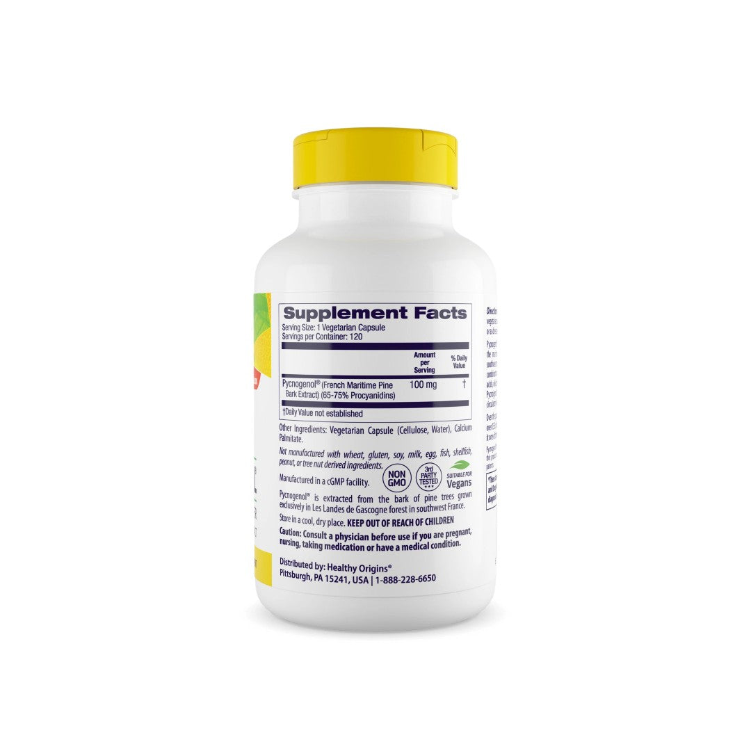 Un flacone di Healthy Origins Pycnogenol 100 mg 120 capsule vegetali, ricco di vitamina C antiossidante che promuove la salute cardiovascolare, visualizzato su uno sfondo bianco.