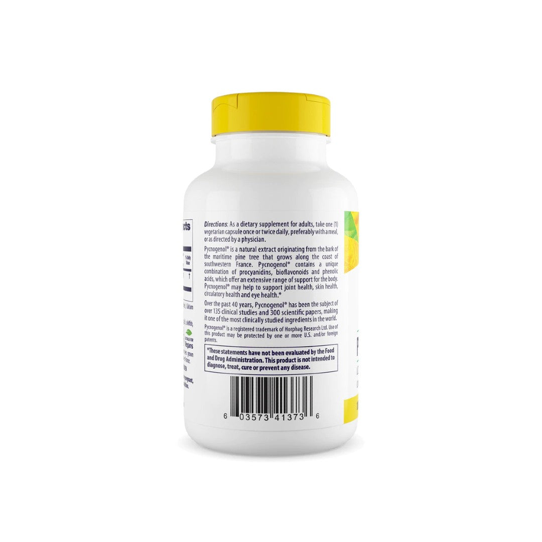 Un flacone di Pycnogenol 100 mg 120 capsule vegetali di Healthy Origins con estratto di corteccia di pino marittimo su sfondo bianco.