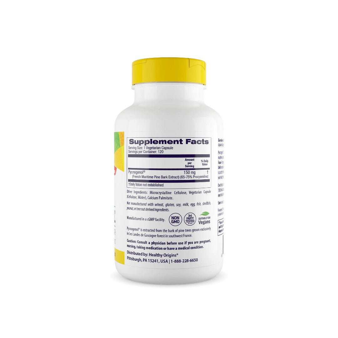 Un flacone di integratore alimentare Pycnogenol 150 mg 120 capsule vegetali di Healthy Origins su sfondo bianco, che promuove la salute cardiovascolare.