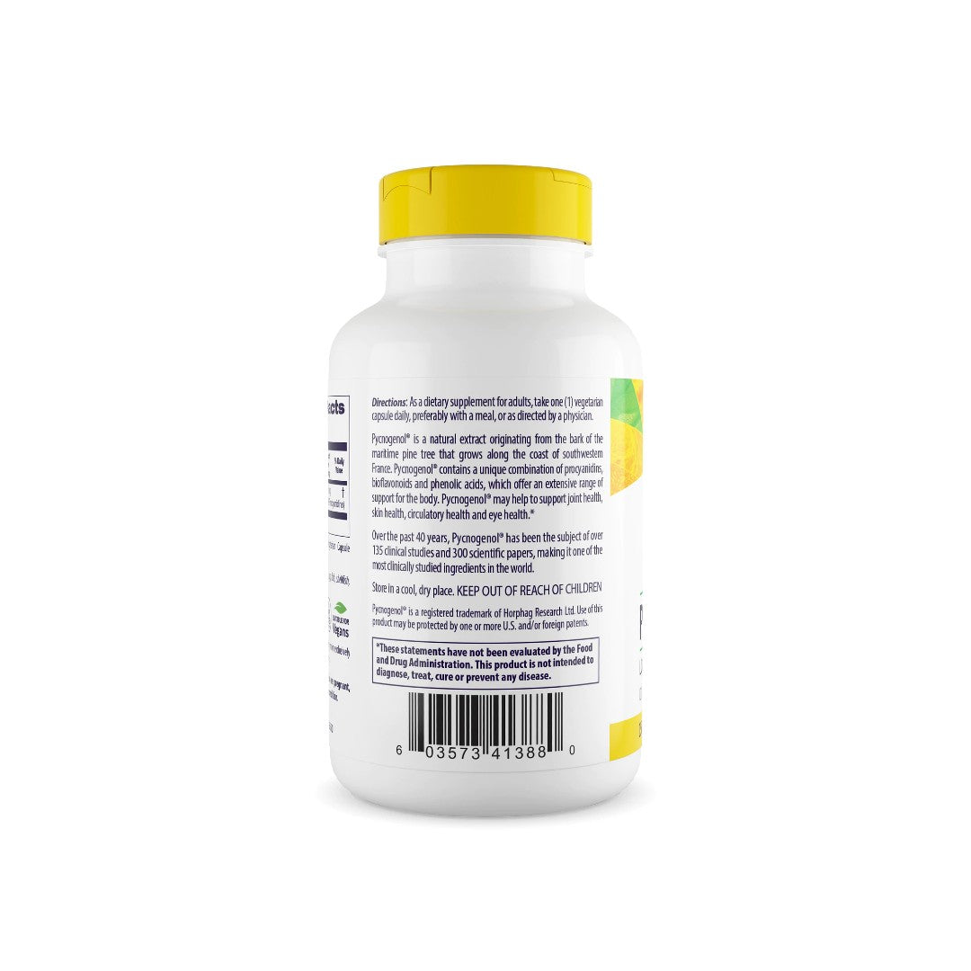 Una bottiglia di Healthy Origins' Pycnogenol 150 mg 120 capsule vegetali su sfondo bianco.