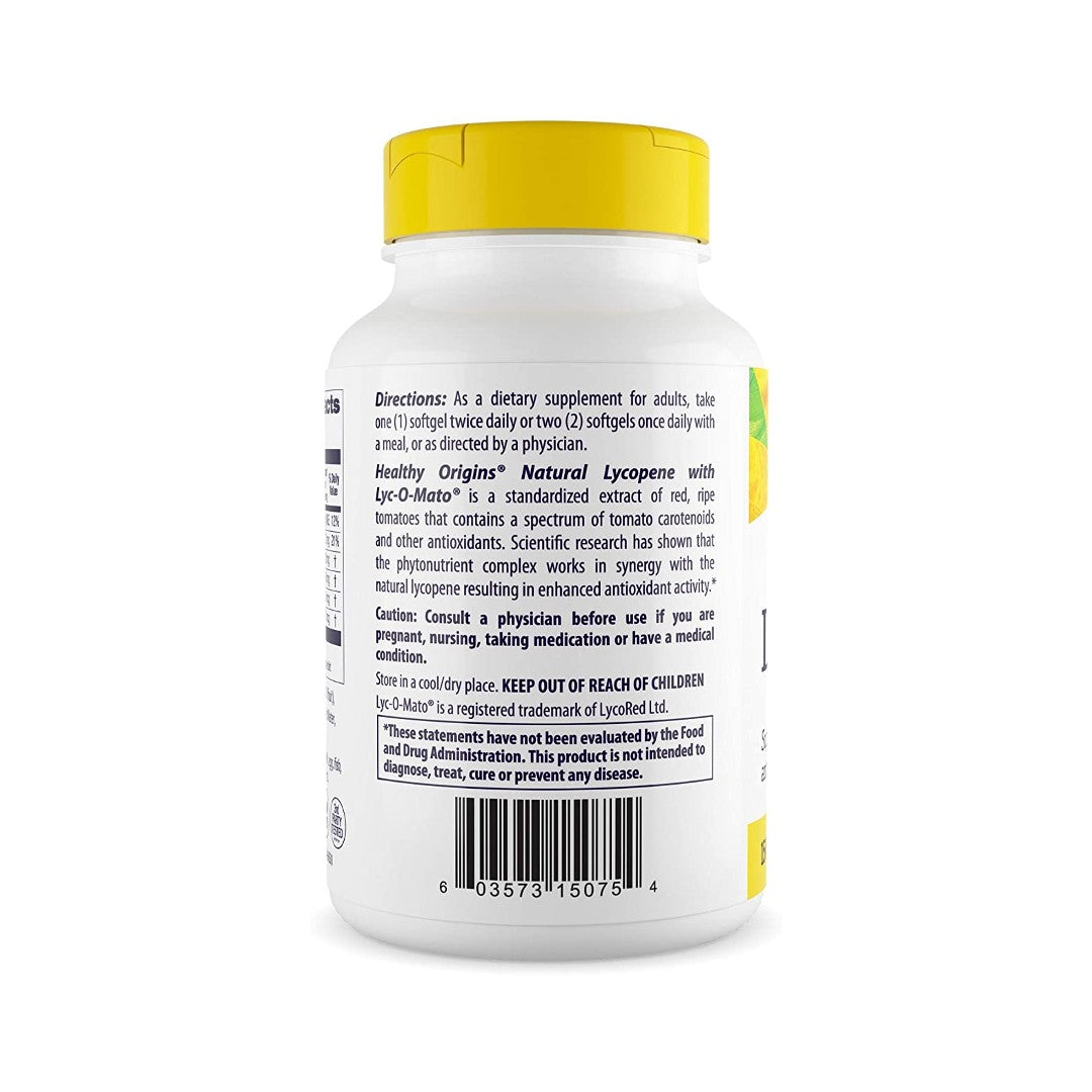 Il retro di un flacone di Lyc-O-Mato 15 mg 180 softgels di Healthy Origins.