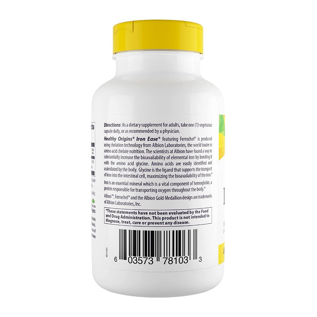 Un flacone di Iron Ease 45 mg 180 capsule vegetali di Healthy Origins su uno sfondo bianco.