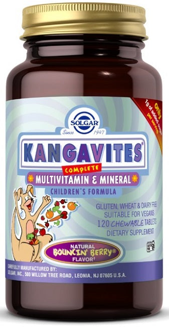 Un flacone di Solgar's Kangavites Multivitaminico e Minerale 120 Compresse Masticabili - Gusto Bouncin' Berry.