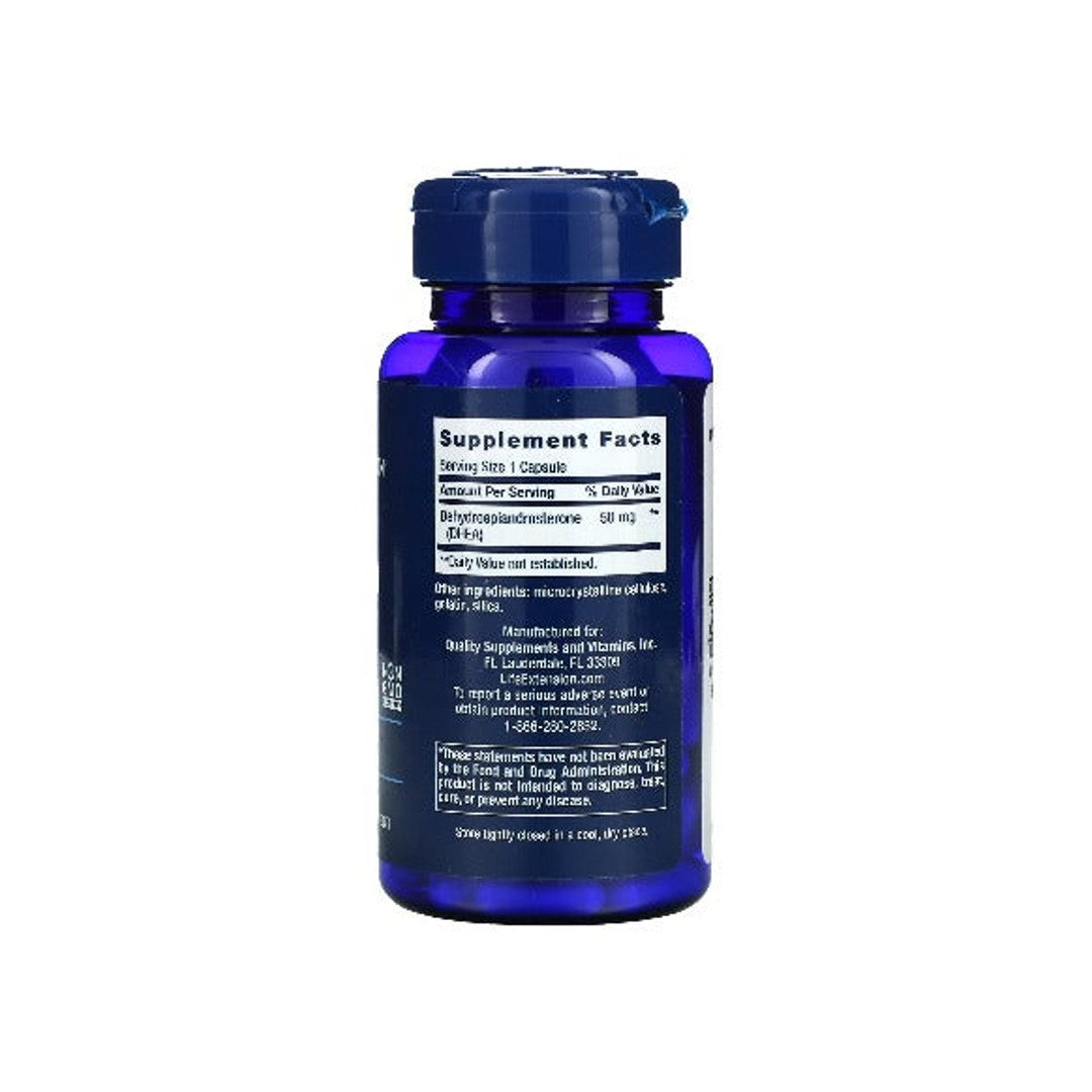 Il retro di un flacone blu di integratori DHEA 50 mg 60 capsule di Life Extension.