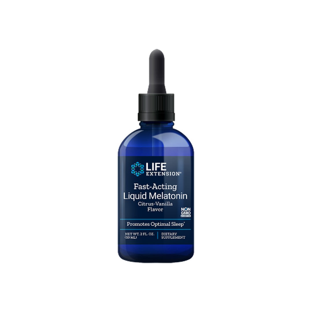 Un flacone di Life Extension's Fast-Acting Liquid Melatonin (Citrus-Vanilla) 59 ml.