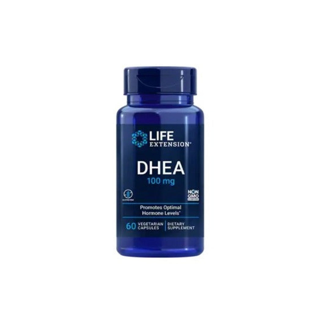 Un flacone di Life Extension DHEA 100 mg 60 capsule vegetali con sfondo bianco.
