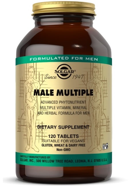 Un flacone di Solgar Male Multiple Multivitamins & Minerals for Men 120 Tablets.
