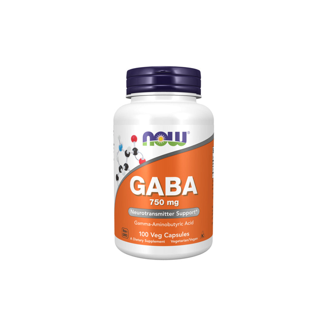 Un flacone di Now Foods GABA 750 mg 100 capsule vegetali.