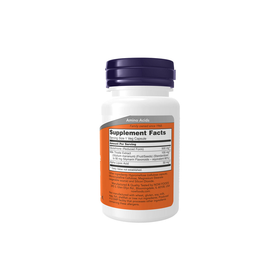 Un flacone di integratore Glutatione 500 mg 60 Capsule Vegetali di Now Foods su sfondo bianco.