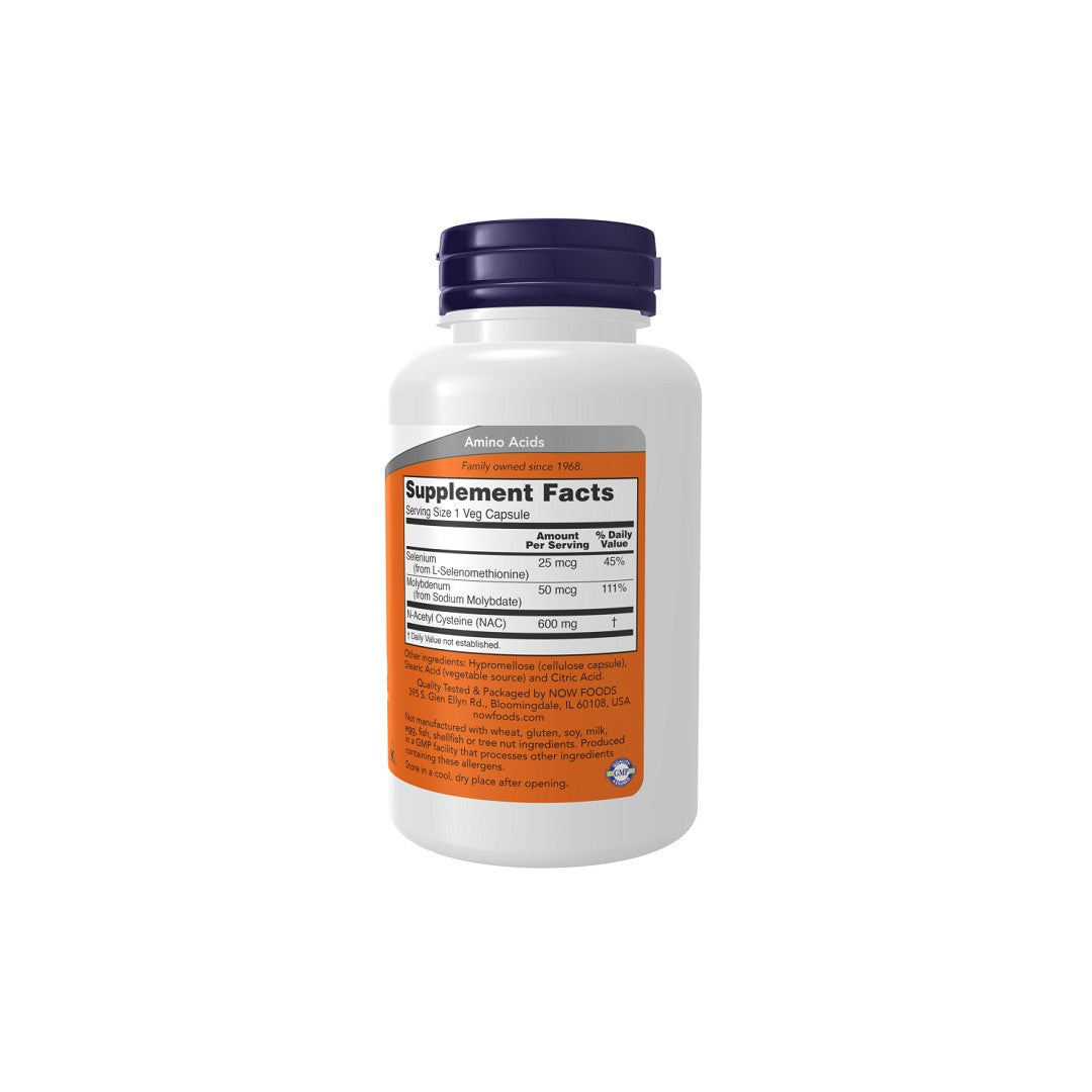 Un flacone di Now Foods N-Acetyl Cysteine 600mg 250 Capsule Vegetali su uno sfondo bianco, che promuove la salute del fegato.