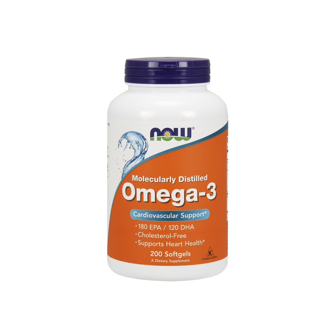 Un flacone di Now Foods Omega-3 180 EPA/120 DHA 200 softgel, che promuove la salute del cuore e le funzioni cerebrali.