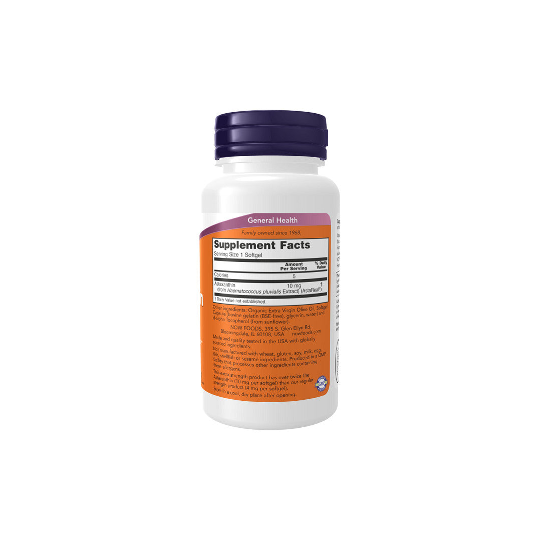 Un flacone di Now Foods Astaxanthin, Extra Strength 10 mg 60 Softgel su sfondo bianco.