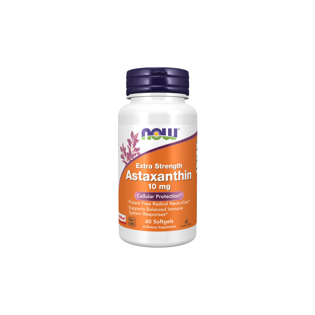 Un flacone di Now Foods Astaxanthin, Extra Strength 10 mg 60 Softgel.