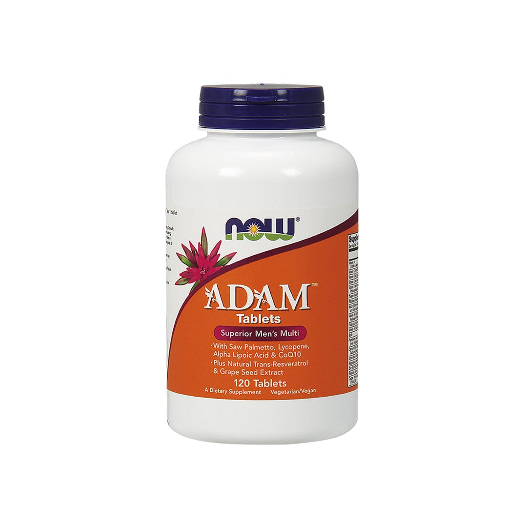 Un flacone di Now Foods ADAM Multivitamine e minerali per l'uomo 120 compresse vegetali.
