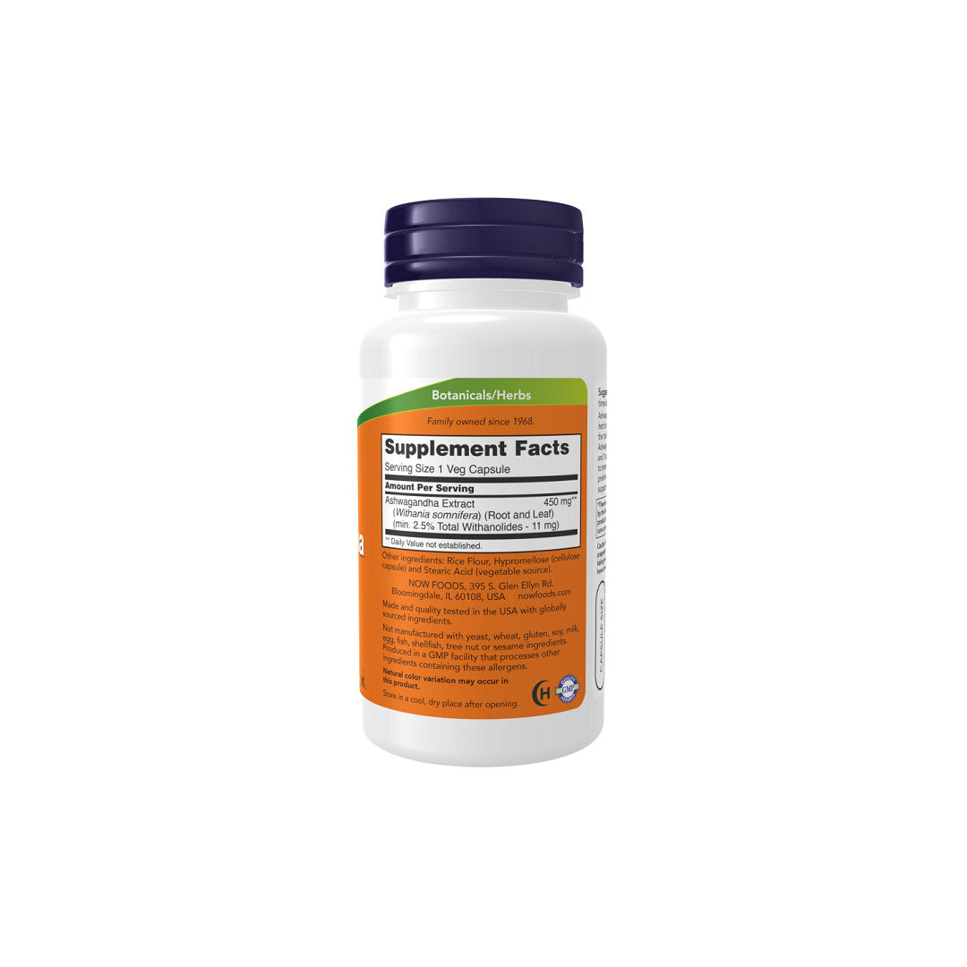 Flacone di estratto di Ashwagandha 450 mg 180 capsule vegetali di Now Foods su sfondo bianco.
