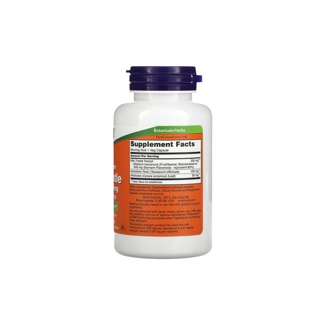 Un flacone di Now Foods Cardo Mariano 300 mg Silimarina 200 capsule vegetali su sfondo bianco.