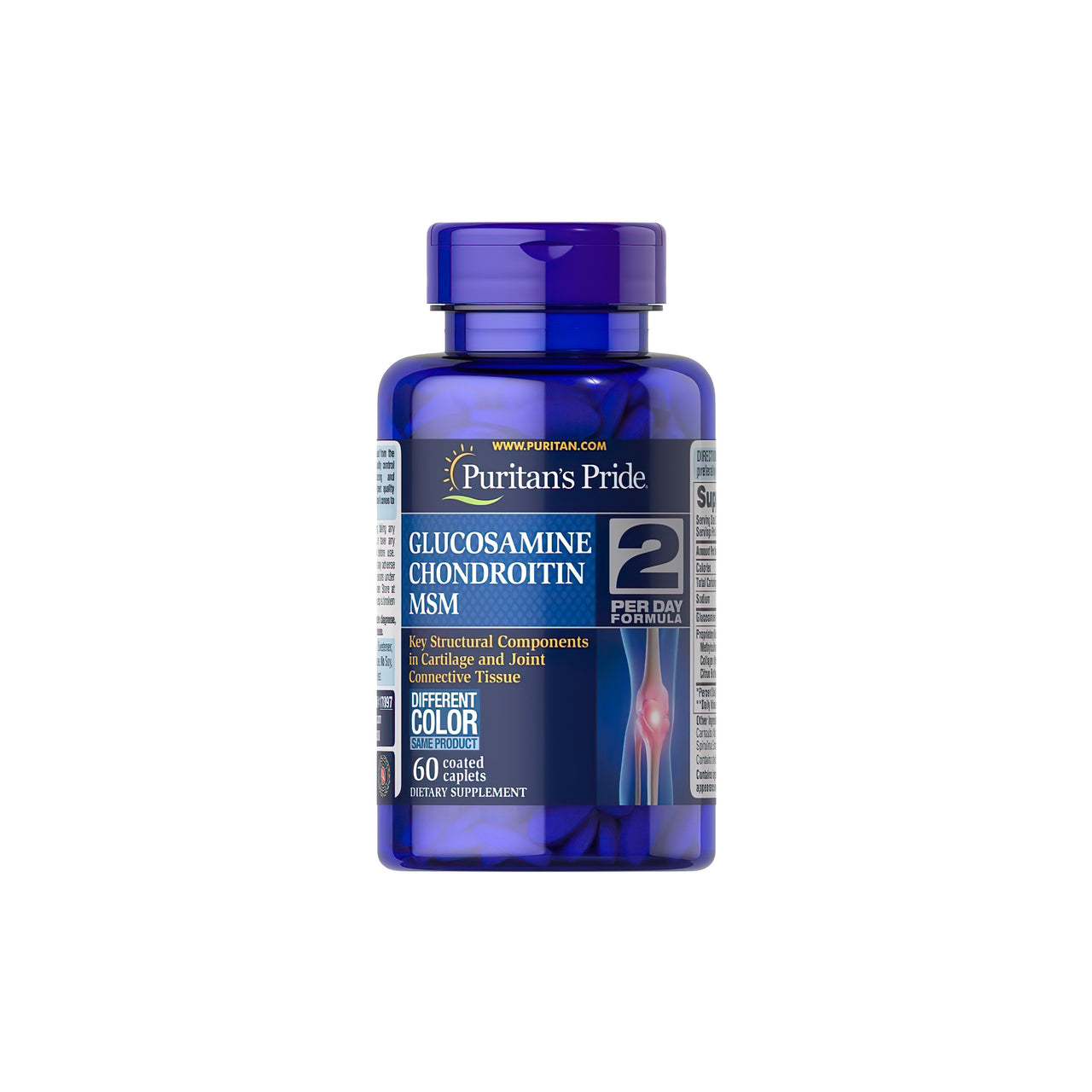 A bottle of Triple Strength Glucosamine, Chondroitin & MSM 60 coated caplets by Puritan's Pride.