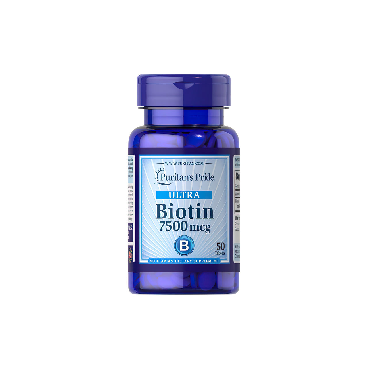 Flacone di integratore alimentare Puritan's Pride Biotin 7,5 mg 50 Compresse con sfondo bianco.