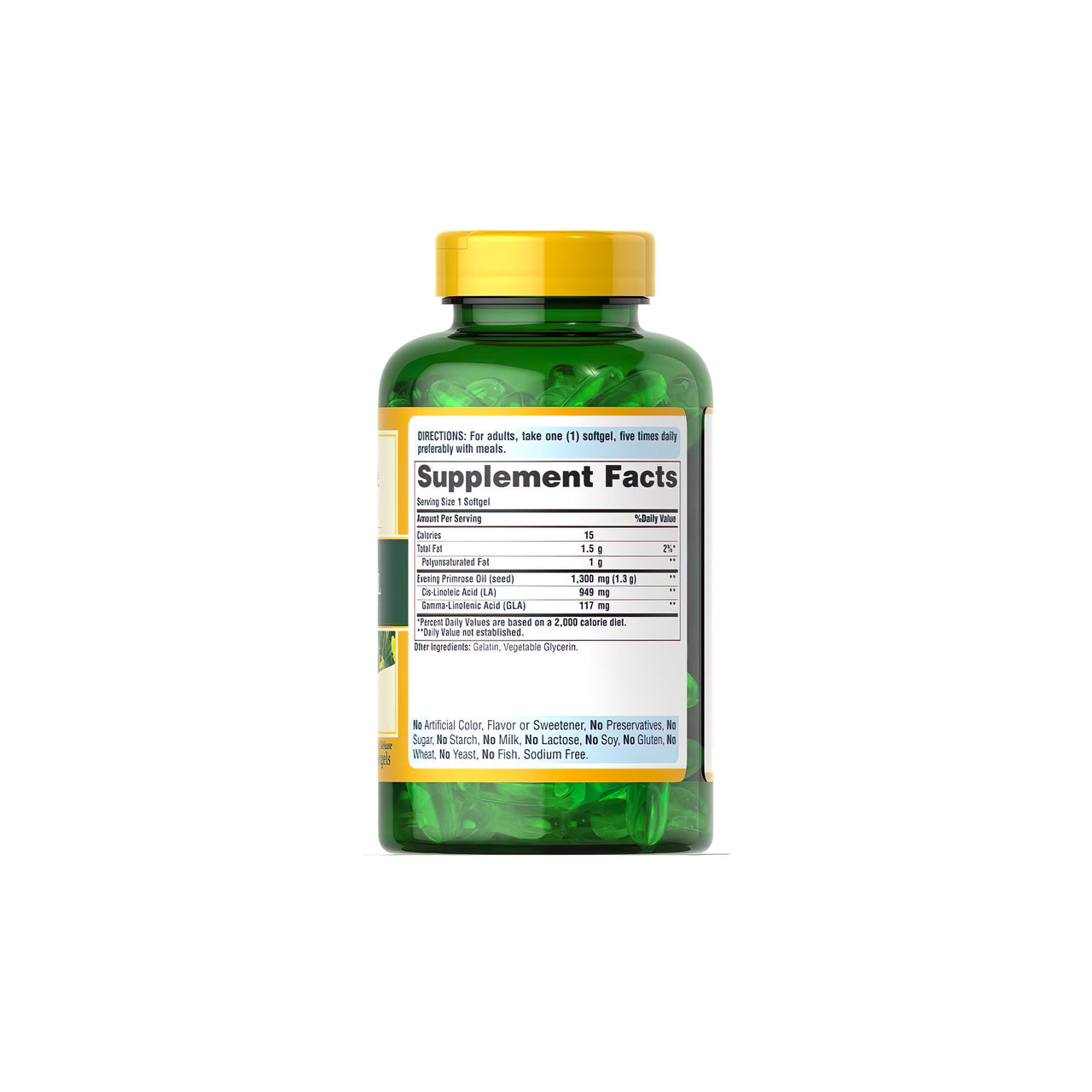 Un flacone di Puritan's Pride Olio di enotera 1300 mg con GLA 120 softgel a rilascio rapido su sfondo bianco.