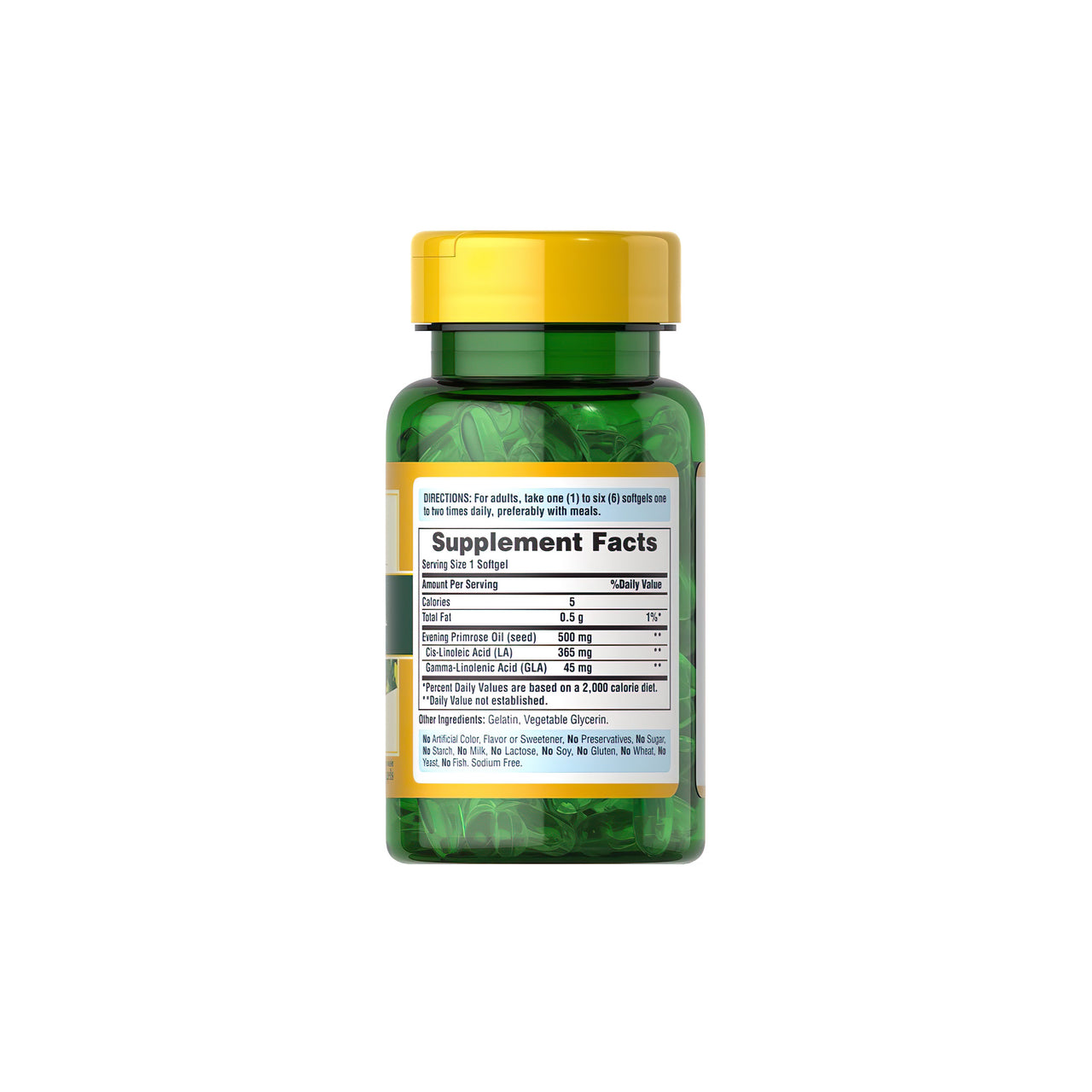 Flacone di Olio di Enotera 500 mg con GLA 100 Capsule Morbide a Rilascio Rapido di Puritan's Pride su sfondo bianco.