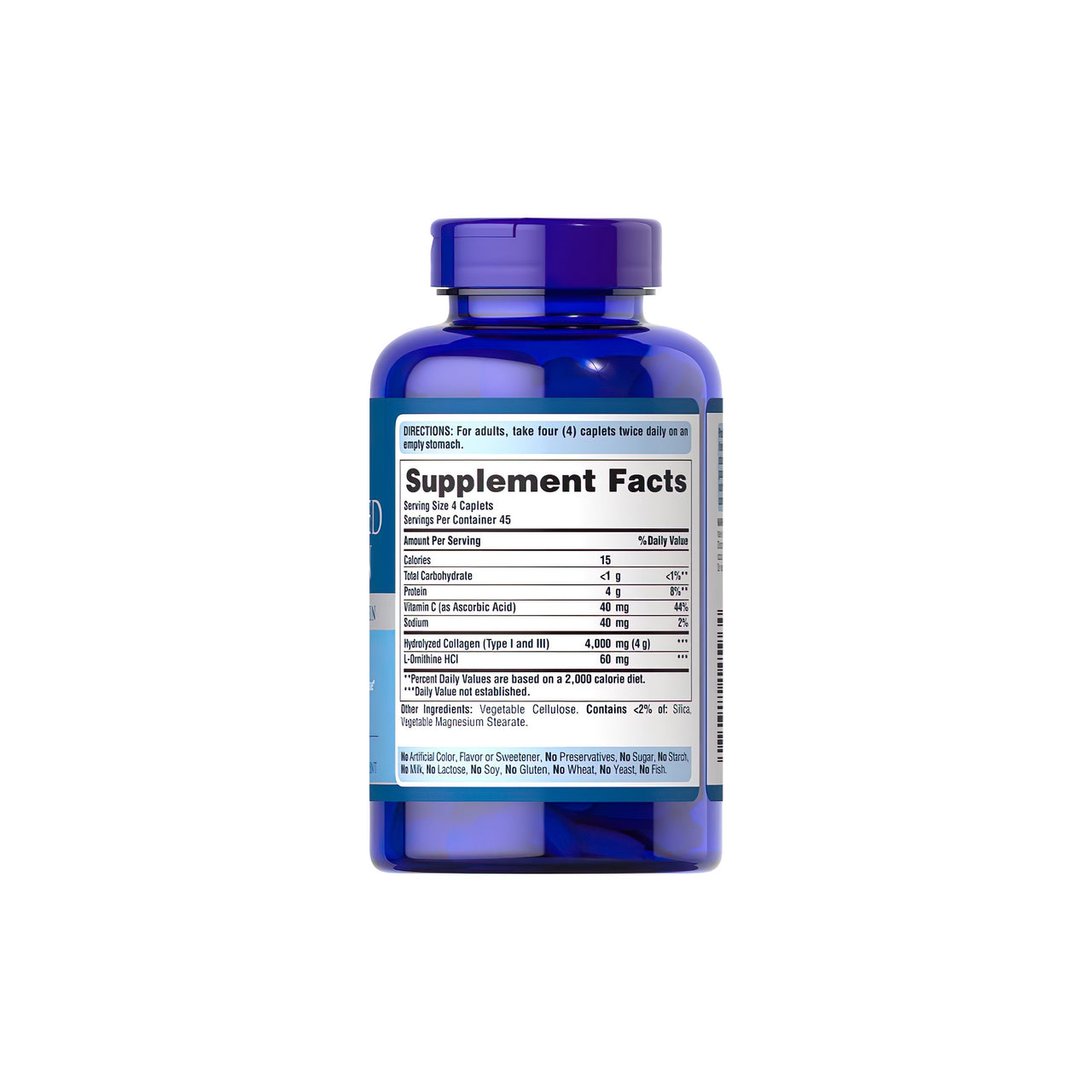 Un flacone di Puritan's Pride Collagene idrolizzato 1000 mg 180 capsule con etichetta blu.
