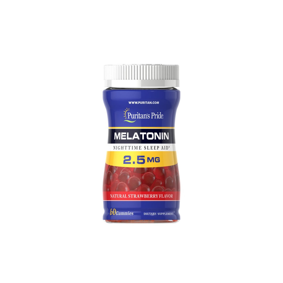 Un flacone di Melatonina 2,5 mg 60 Gummies Strawberry Flavor di Puritan's Pride su uno sfondo bianco.