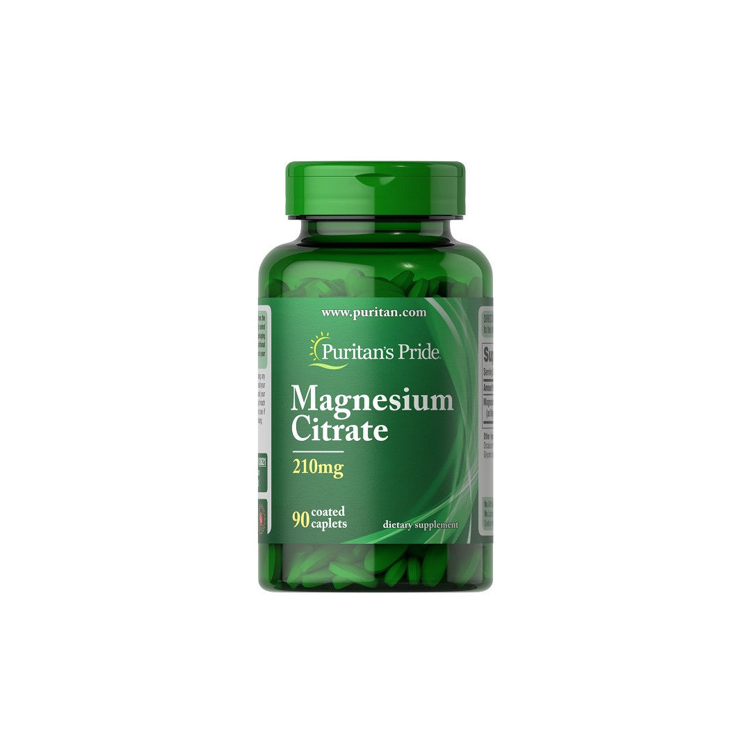 Un flacone di Puritan's Pride Magnesio citrato 210 mg 90 compresse rivestite.