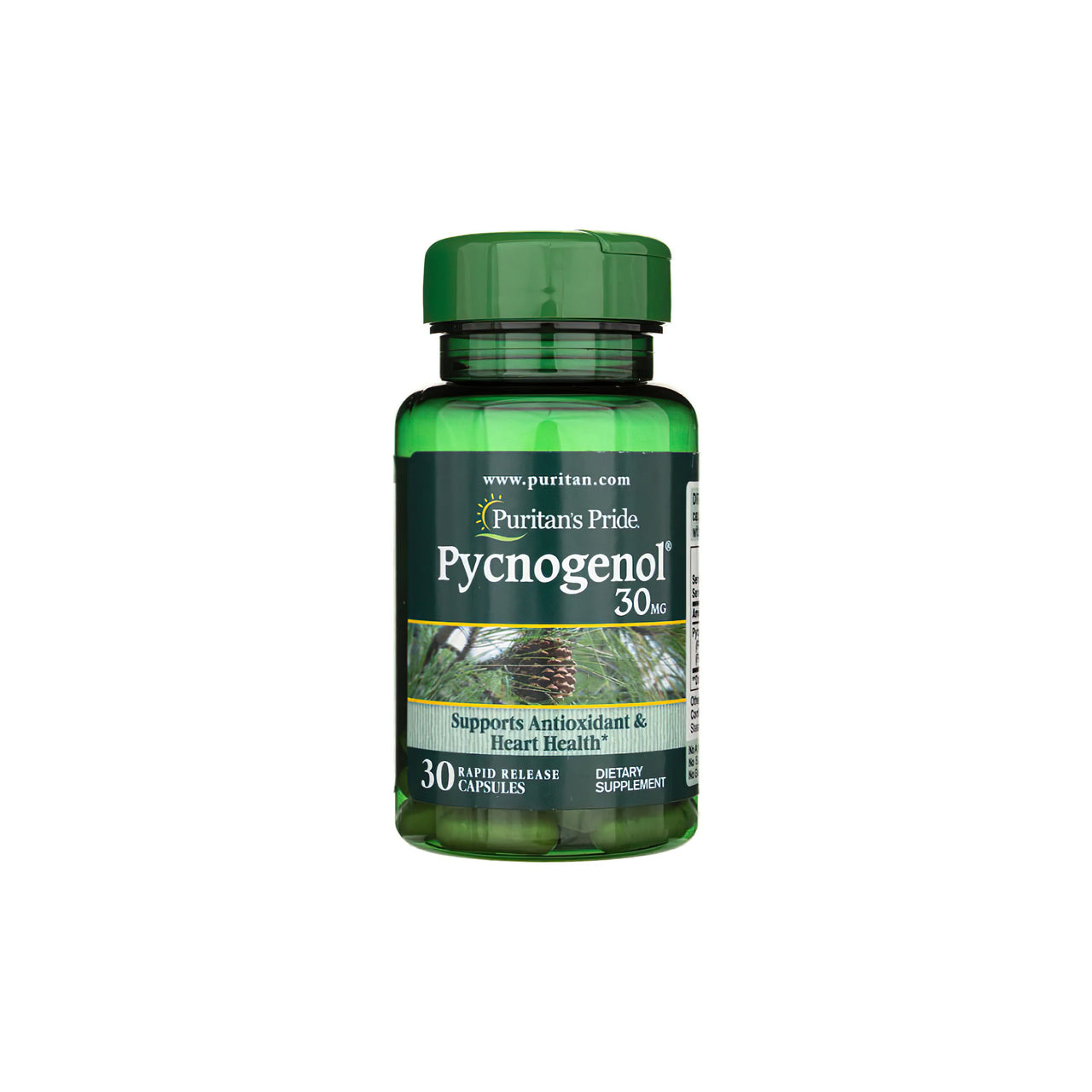 Un flacone di Pycnogenol 30 mg 30 capsule a rilascio rapido con estratto di pino marittimo francese da Puritan's Pride.