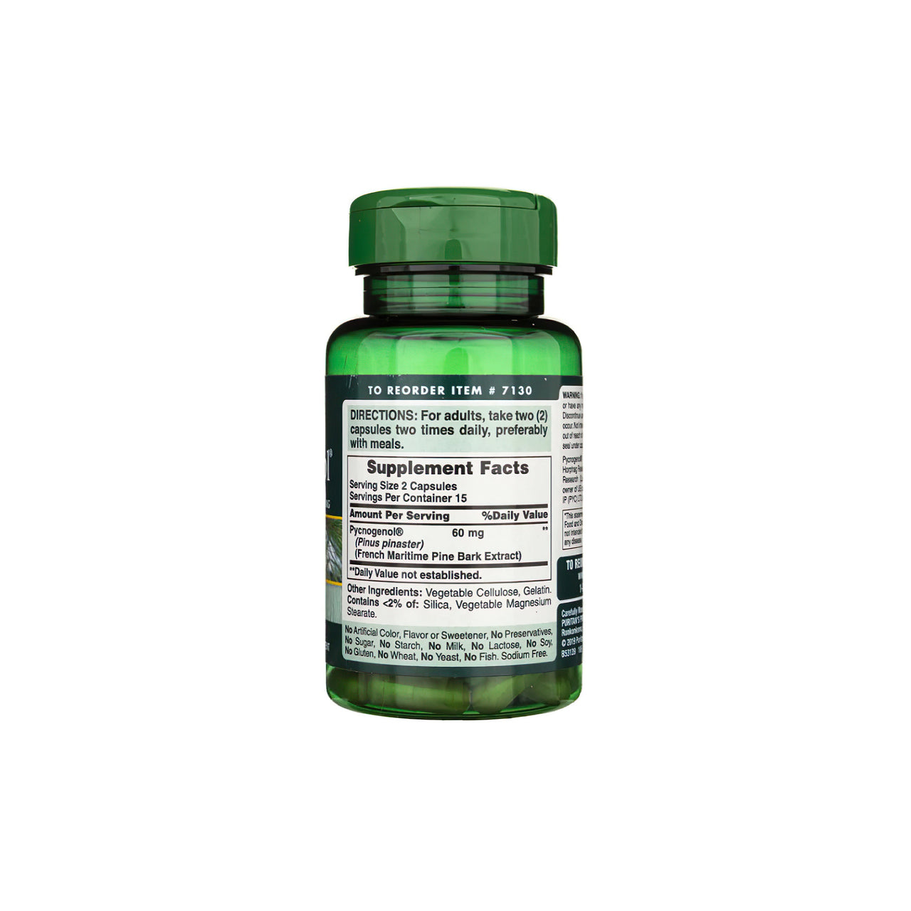 Un flacone di Pycnogenol 30 mg 30 capsule a rilascio rapido di Puritan's Pride con flavonoidi proantocianidi.