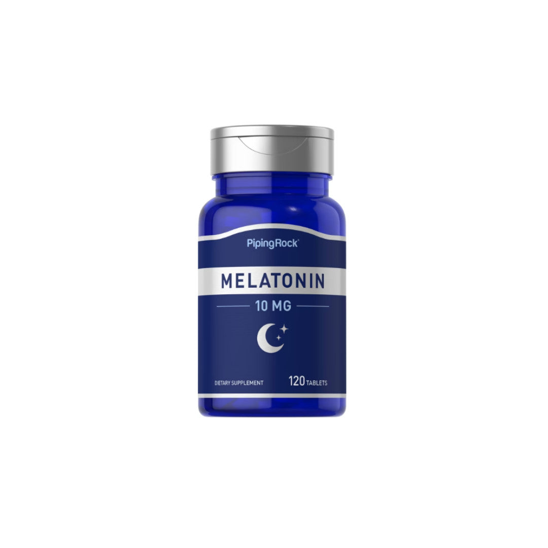 Un flacone di PipingRock Melatonin 10 mg 120 tab per il sonno.