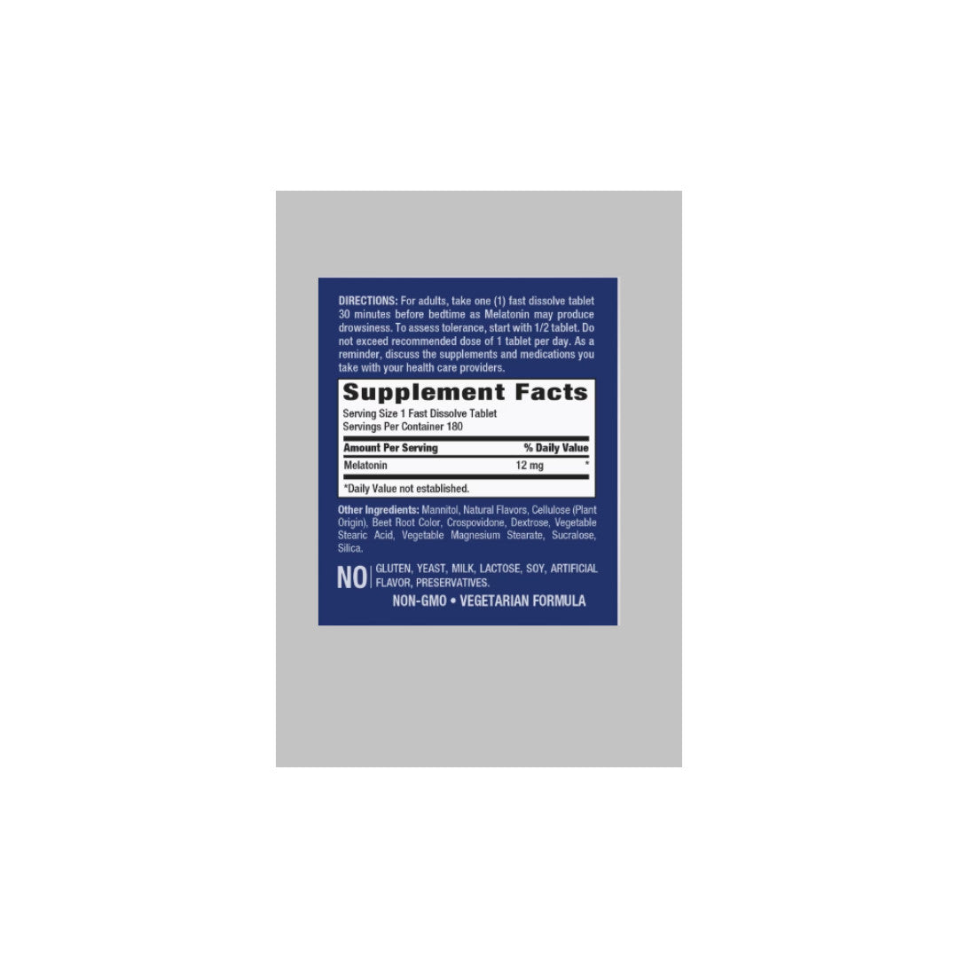 L'etichetta dell'integratore Melatonin 12 mg 180 tab di PipingRock su sfondo bianco.