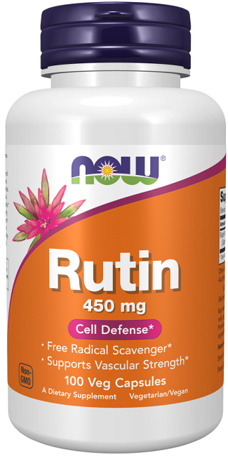 Un flacone di Now Foods Rutina 450 mg 100 Capsule Vegetali, un bioflavonoide che supporta i capillari e la difesa delle cellule.