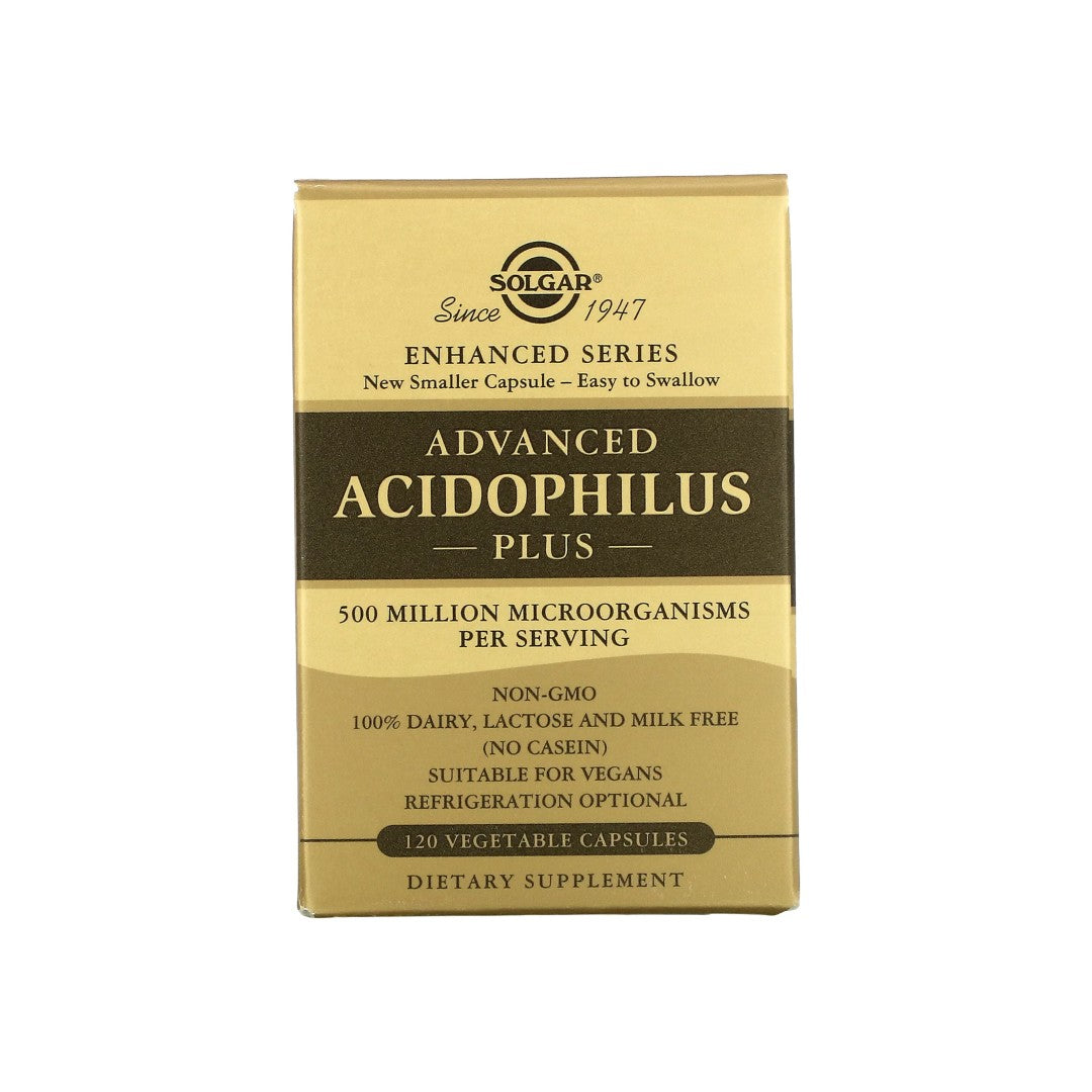 Una confezione di Solgar's Advanced Acidophilus Plus 120 capsule vegetali.