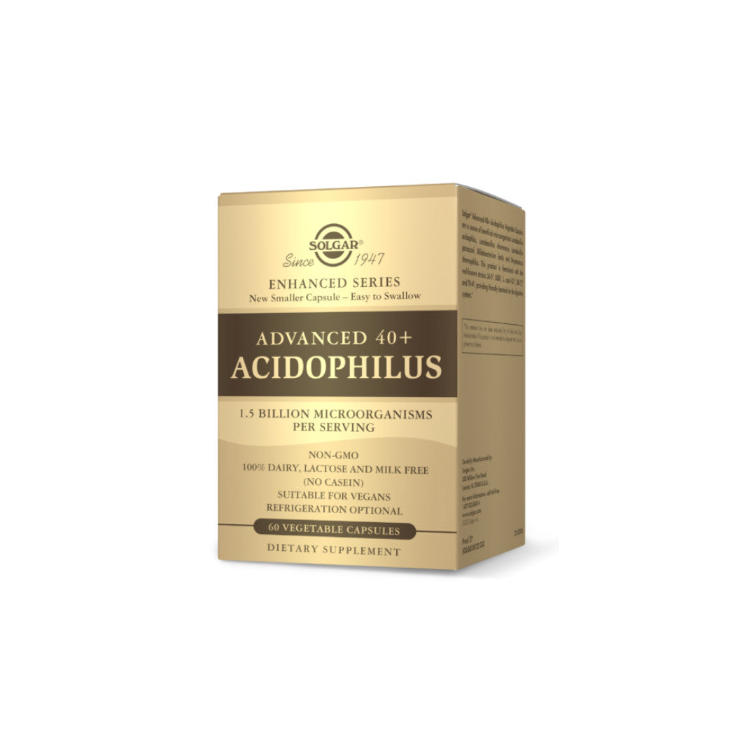 Una confezione di Solgar Advanced 40+ Acidophilus 60 capsule vegetali.