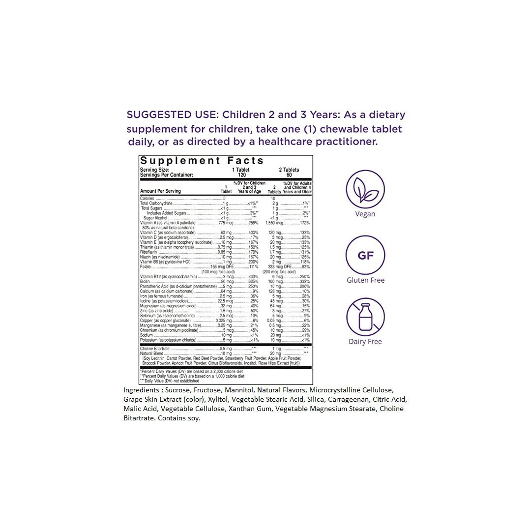 Etichetta nutrizionale di Solgar Kangavites Multivitamin & Mineral 120 Compresse Masticabili - Gusto Bouncin' Berry con sfondo viola.