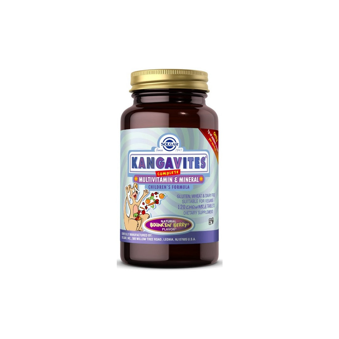 Un barattolo di Kangavites Multivitamin & Mineral 120 Compresse Masticabili - Bouncin' Berry Flavor di Solgar su uno sfondo bianco.